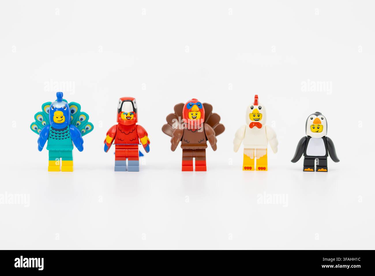 Hong Kong, 8. Juni 2026: Fünf niedliche Minifiguren tragen Tier-Vogel-Kostüme von Pfau, Papagei, Truthahn, Huhn und Pinguin. Stockfoto