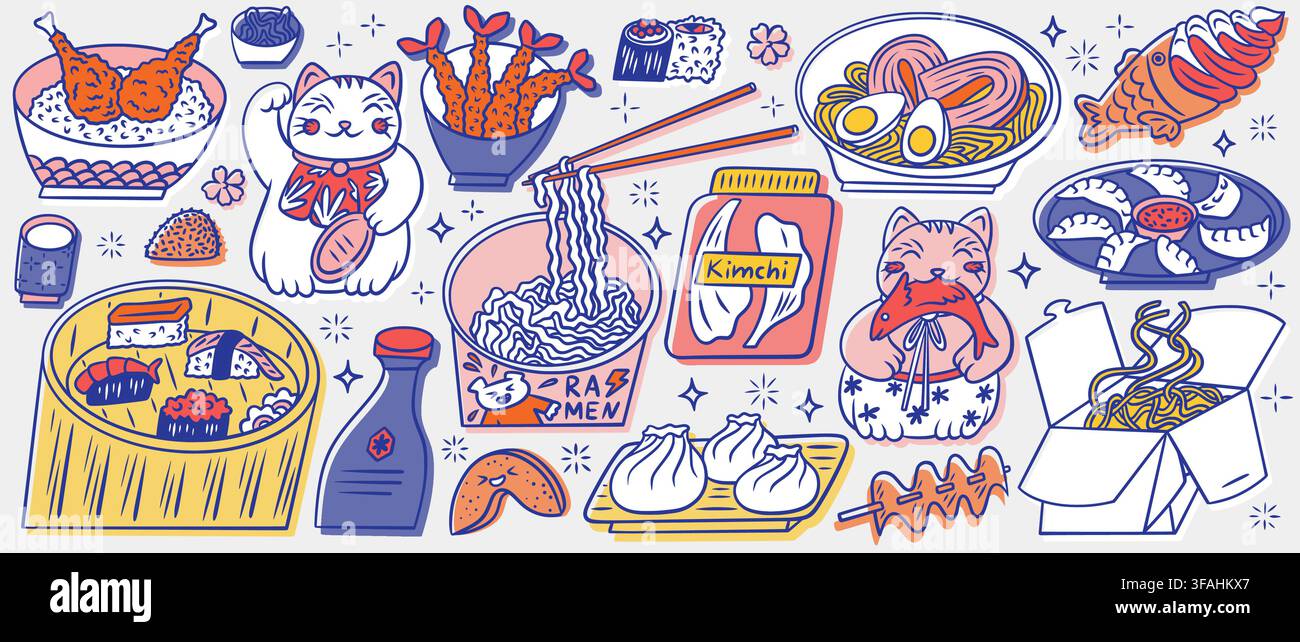 Farbenasiatische Essensdoodles auf weißem Hintergrund. Vektorillustration einer Maneki-Neko-Katzenstatue, einer Ramen-Schüssel, Sushi-Rollen, Knödel, Kimchi und einer Soßenflasche, traditionelles Küchenplakat, Restaurantmenü Stock Vektor