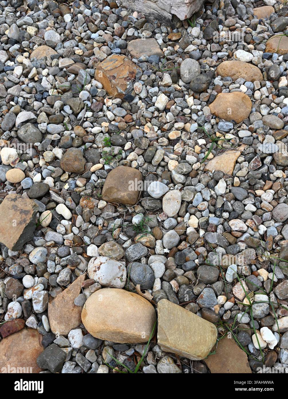 Nahaufnahme einer vertikalen Ansicht eines Fluss-Steinbetts mit gemischten Steingrößen von kleinen Kieselsteinen bis hin zu großen, angeordneten Steinen Stockfoto