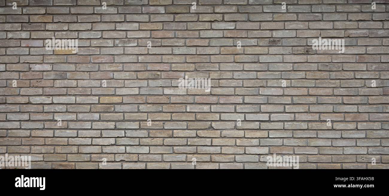 Horizontale Ansicht einer wandartigen Oberfläche aus gesprenkelten braunen Ziegeln und Mörtel mit porösen, unebenen Ziegeln und dunkelbraunen Mörtelfugen Stockfoto