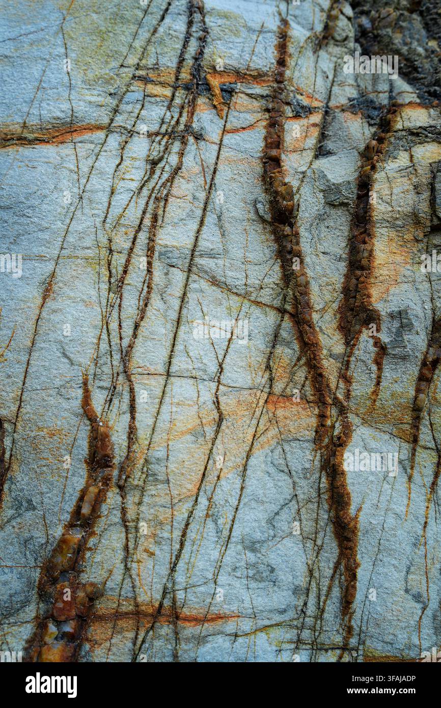 Lebendige Feldoberfläche mit grüner und gelber Mineraloxidation. Natürliche abstrakte Textur mit satten Erdfarben und geologischen Details. Stockfoto