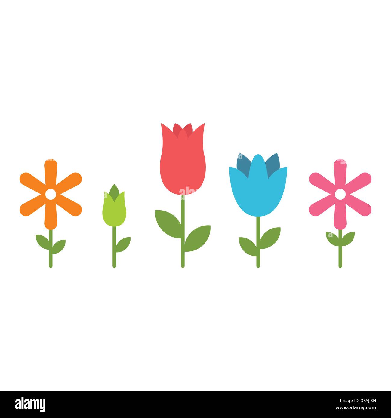 Reihe bunter Frühlingsblumen inklusive Tulpen und Gänseblümchen in orange, rosa, blau und grün. Entworfen für Frühlingsverkaufsbanner Stock Vektor