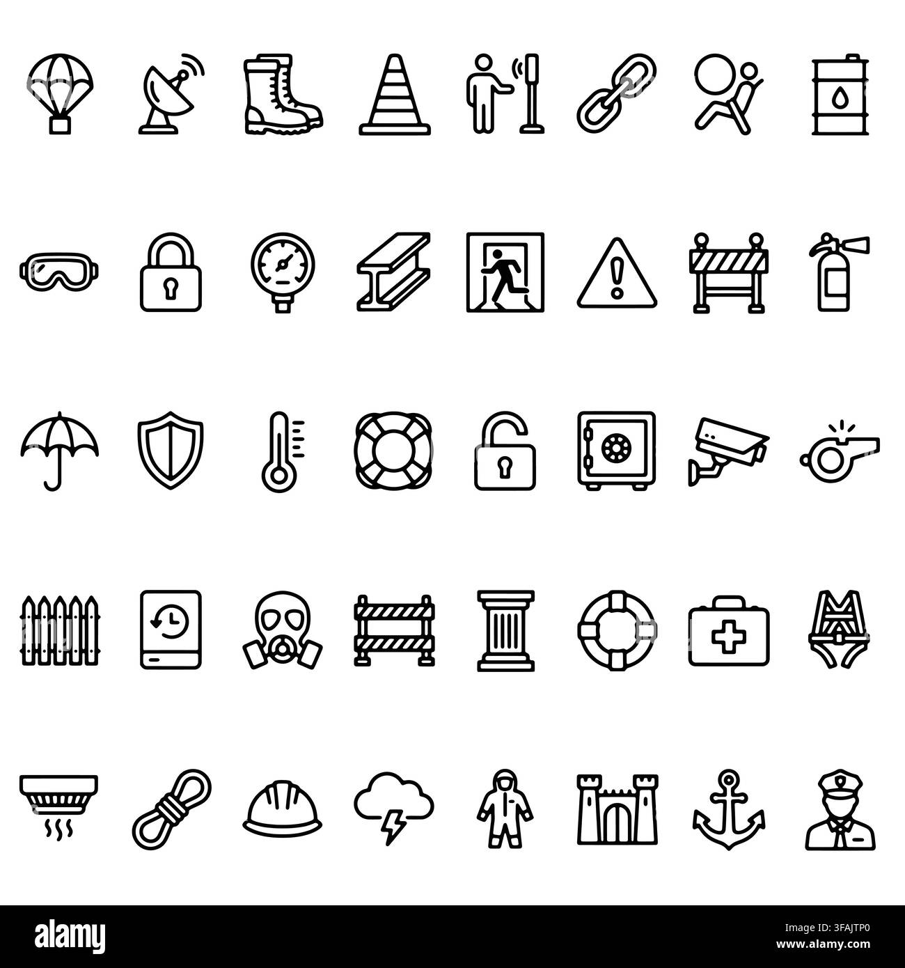 Eine Sammlung von Umriss-Icons, die industrielle Sicherheit, Sicherheit, Notfallausrüstung und Gefahrenabwehr darstellen. Stock Vektor