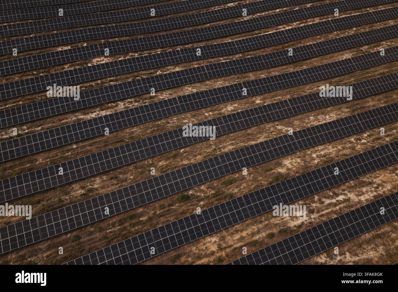 Luftbild von Reihen von Solarpanelen, die auf aridem Land in einer großen Solarfarm in Portugal installiert sind. Stockfoto