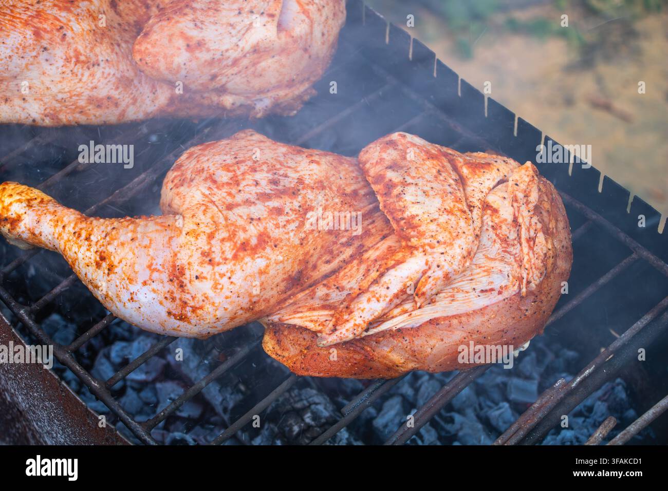 Saftige gewürzte Hühnerhälften, die langsam über heißer Holzkohle mit aromatischem Rauch gegrillt werden. Stockfoto