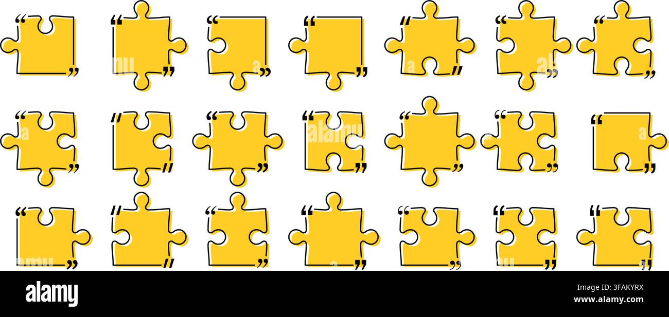 Zitatbox-Titelpack isoliert. Gelbe puzzlestil Redeanführungszeichenrahmen. Textgesprächs-Informationsnachrichtenfeldrahmen. Dialogzeichen Redeanführungszeichen-Symbol. V Stock Vektor