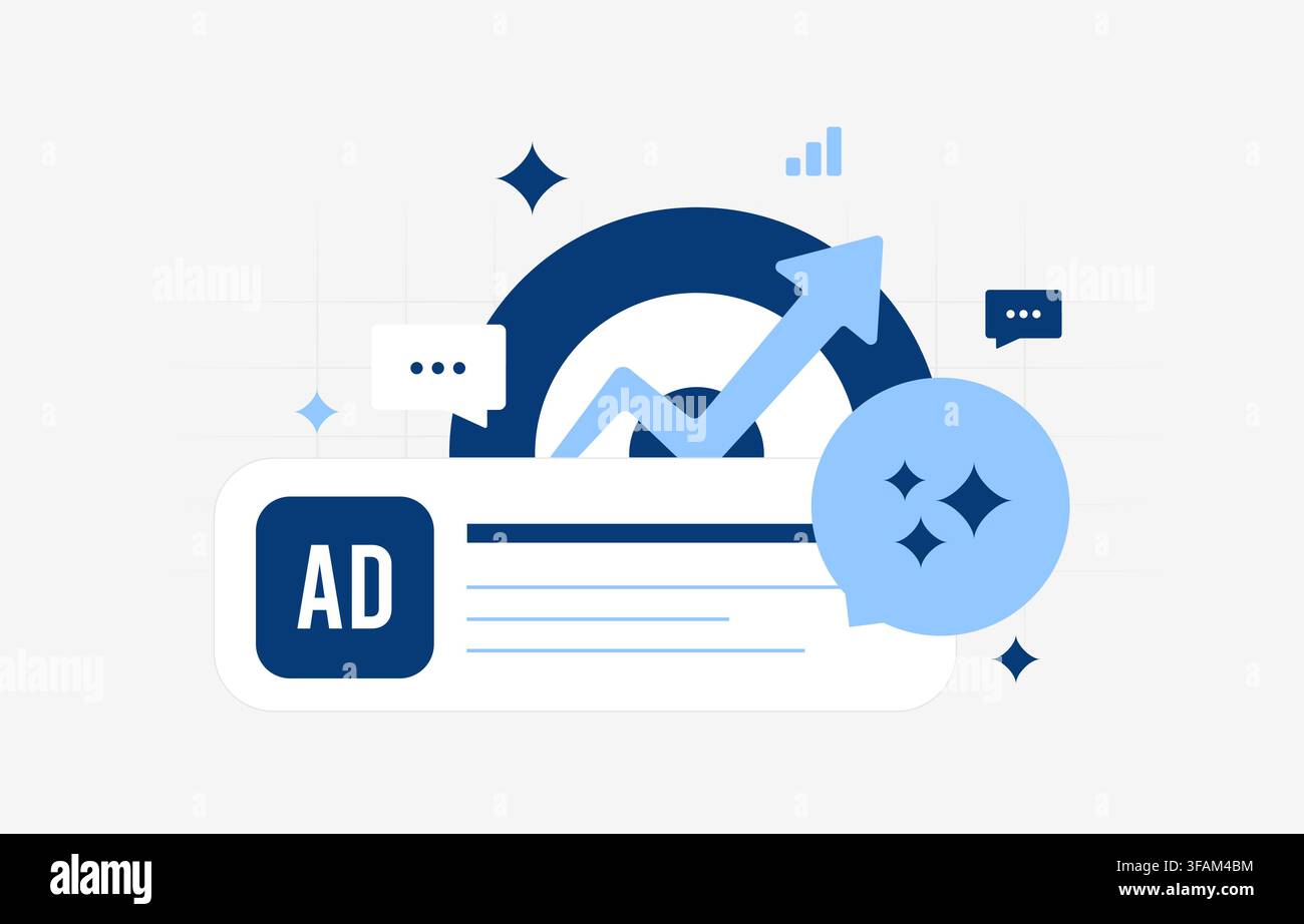 Konversationelle Werbung mit KI-Chat, Anzeigenplatzierung und Zielgruppenbindung. Interaktive Werbung für Produktentdeckung, Messaging und Conversion im digitalen Handel Vektorillustration. Stock Vektor