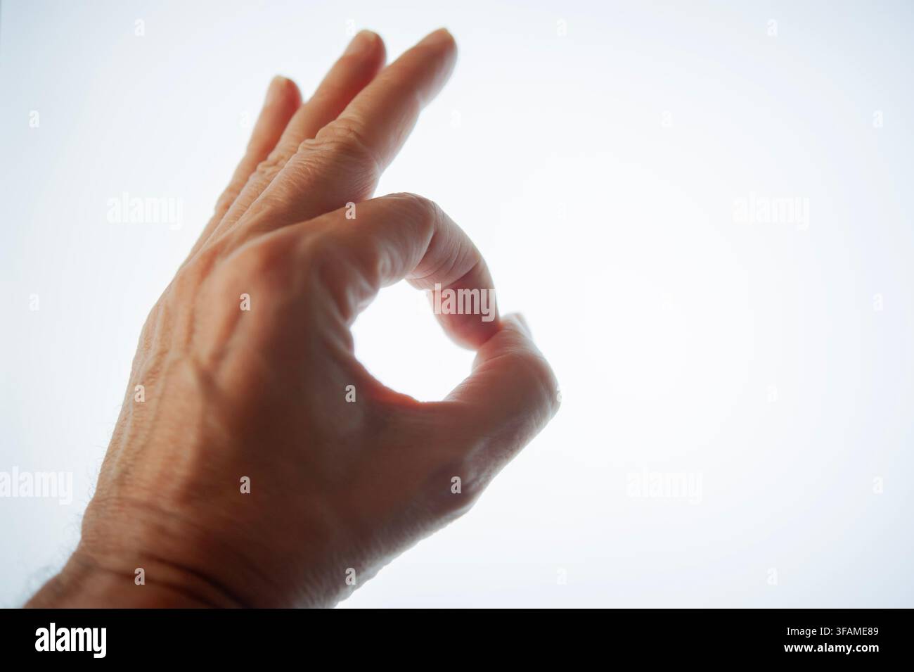 Erwachsenenhand, die ein OK-Zeichen gegen einen hellen weißen Hintergrund macht, was Zustimmung, Einvernehmen, Erfolg, Bestätigung und positives Feedback darstellt Stockfoto