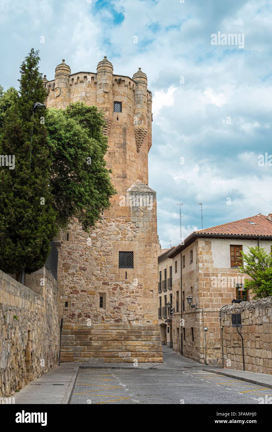 Straße im alten Viertel von Salamanca mit dem berühmten befestigten Turm des Clavero aus dem 15. Jahrhundert, Spanien Stockfoto