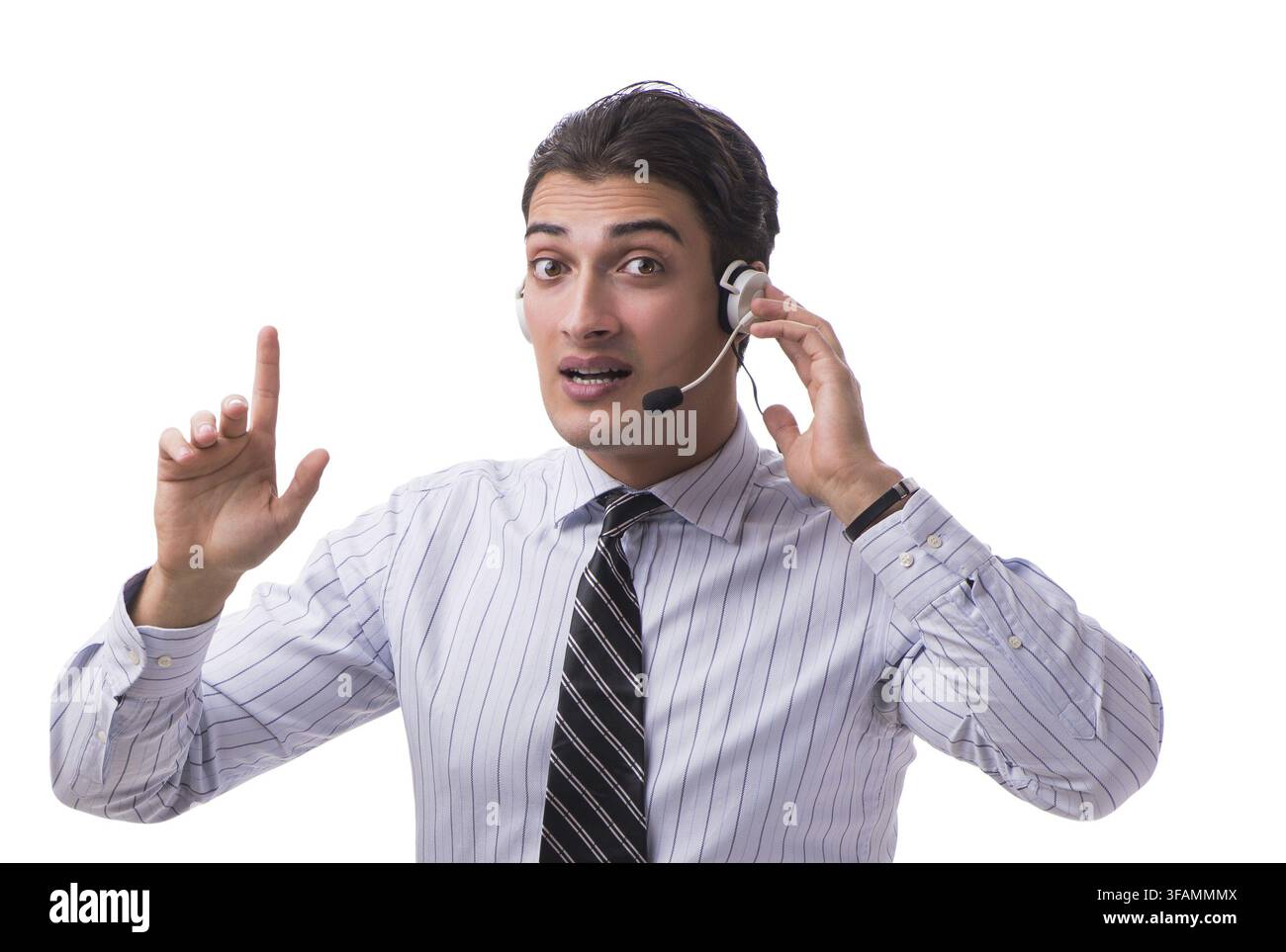 Junge Callcenter-Mitarbeiterin vor weißem Hintergrund Stockfoto