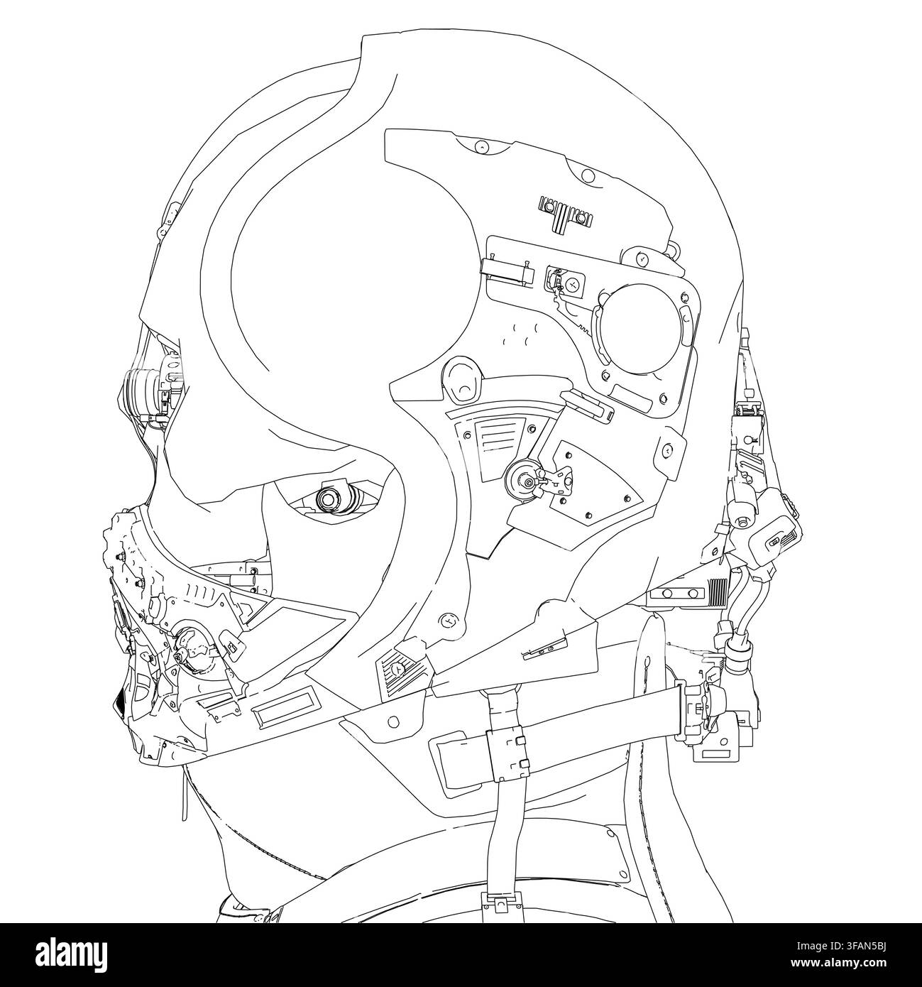 Eine schwarz-weiße Konturenzeichnung eines menschlichen Kopfes in einem detaillierten Weltraumanzughelm suggeriert einen futuristischen Cyborg oder Roboter. Der scharfe weiße Hintergrund em Stock Vektor