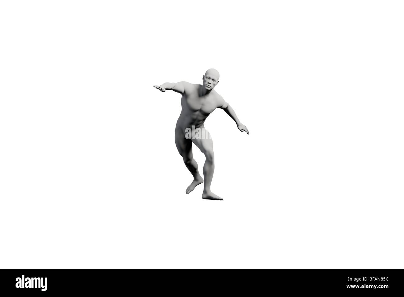 Eine hochwertige 3D-Darstellung, die eine Schaufensterpuppe zeigt, die traditionelle Capoeira-Tanzbewegungen gegen einen sauberen, dunklen Hintergrund ausführt. Stockfoto