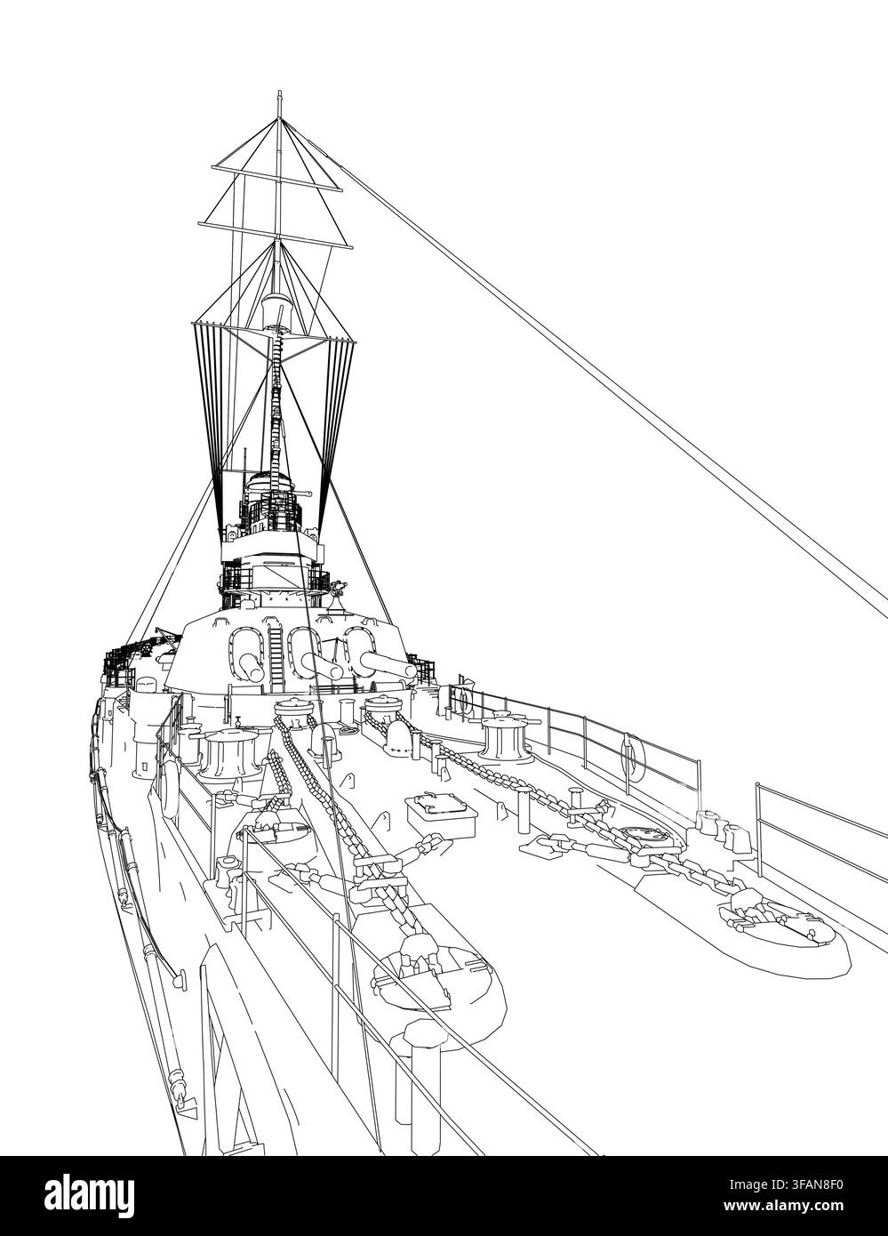 Eine Vintage-Kriegsschiff-Konturenzeichnung bietet eine detaillierte, kostenlos druckbare Malvorlage für Kinder. Diese Schlachtschiff-Illustration zeigt klare Linien auf Stock Vektor