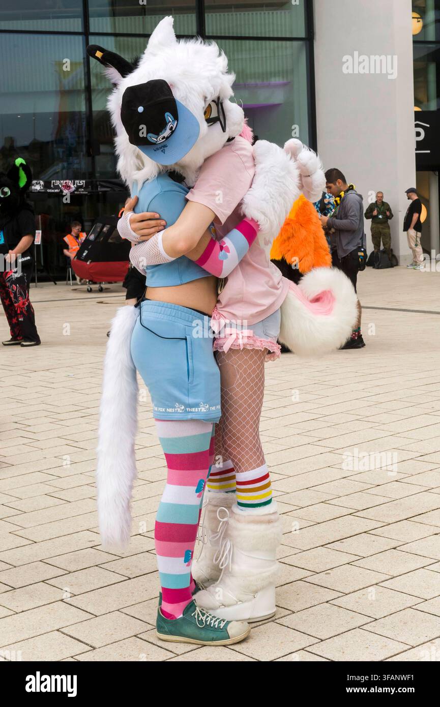 Fursuiter in farbenfrohen Kostümen auf der Eurofurence 30 20260820ad411 20260820ad411 Eurofurence 30 internationale Convention Anthromorphismus Fans Fell, Kostüm, Anthromorphismus, Convention, Fursuit, Furries Subkultur Tier, Cosplay, Event, Community, Pelz, Schwanz, Fantasie, Charakter Furry-Fandom Fantreffen Fursona Community Hobby bunt, kreativ, farbenfroh, verspielt, anthropomorph, flauschig, detailreich, expressiv, lebendig, farbenprächtig, fantasievoll, freudig, dynamisch, kunterbunt, charmant, ausdrucksstark, umarmen interagieren, präsentieren, verkleiden, darstellen, performen, kommuni Stockfoto