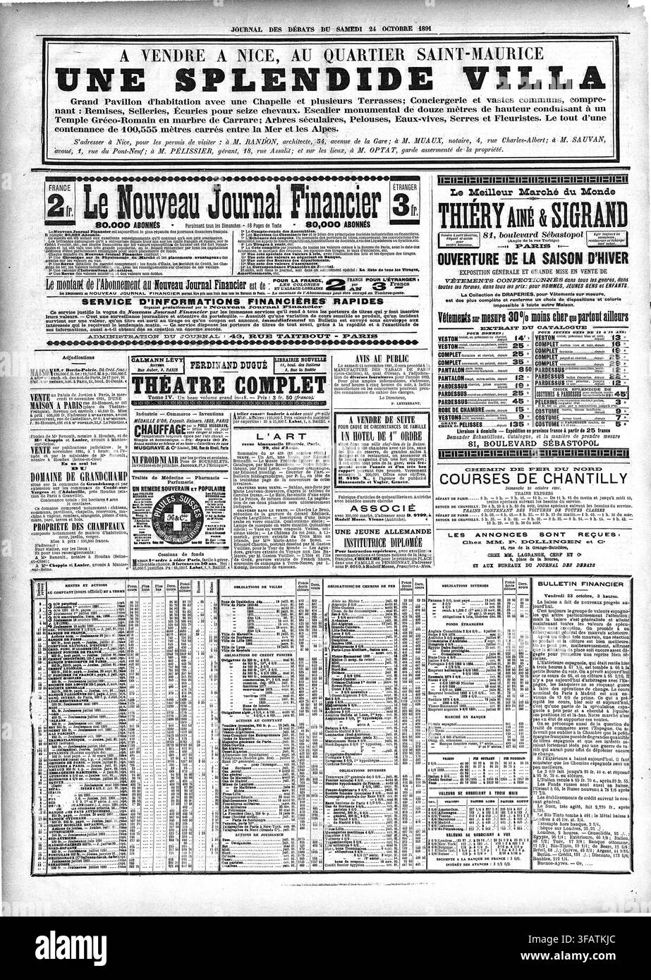 Eine Zeitungsanzeige vom 24. Oktober 1894 für den Verkauf einer Villa im Quartier Saint-Maurice in Nizza, die einen Pavillon, eine Kapelle, Terrassen, eine Pförtnerloge und Ställe für sechzehn Pferde umfasst, mit einer monumentalen Treppe, die zu einem griechisch-römischen Tempel aus Carrara-Marmor führt. Stockfoto