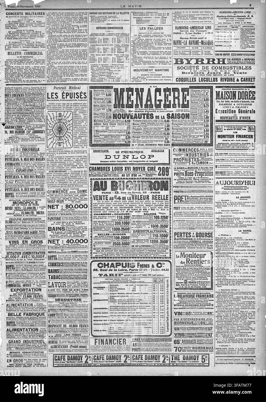 Eine Seite aus Le Matin, einer französischen Zeitung, datiert auf den 30. September 1903, die den neuen Dienst der Hamburg-Amerika-Linie von Le Havre nach Havanna und Mexiko bewirbt, mit Dampfern, die an verschiedenen Oktoberterminen abfahren, und mit Anzeigen für Eau de Botot, Byrrh und die Société de Combustibles. Stockfoto