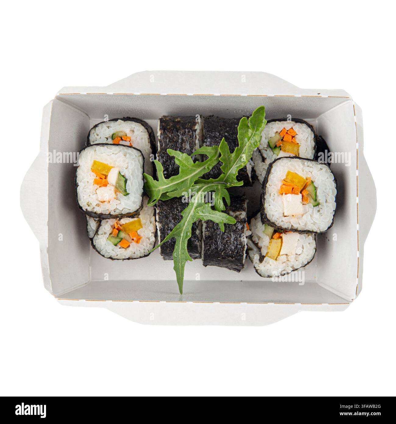 Vegetarische Futomaki-Sushi-Rollen in einer Mitnahmebox Stockfoto