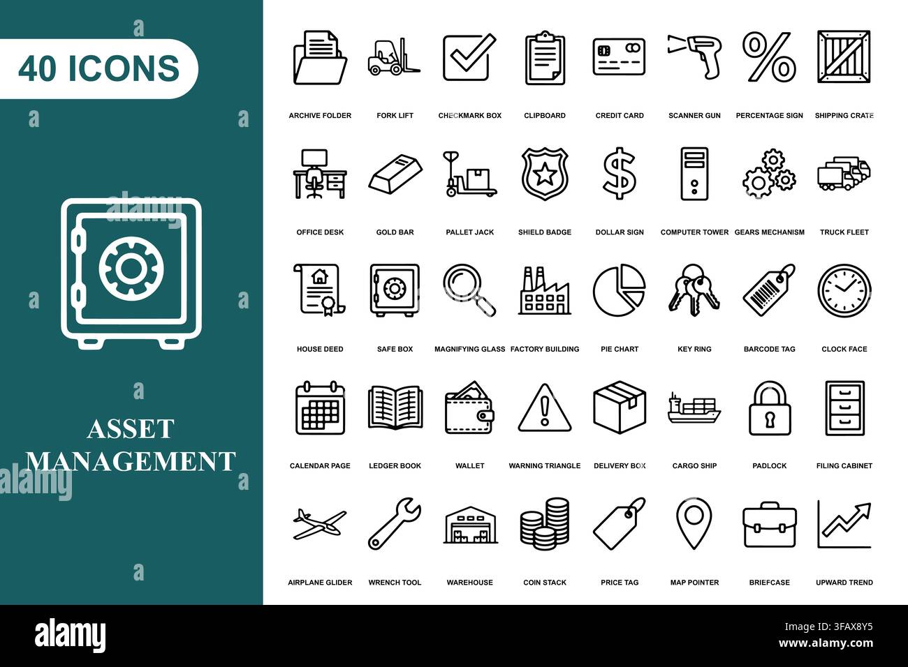 Eine umfassende Sammlung von vierzig Strichzeichnungen-Icons für Geschäftsvermögensverwaltung und Logistikoperationen. Stock Vektor