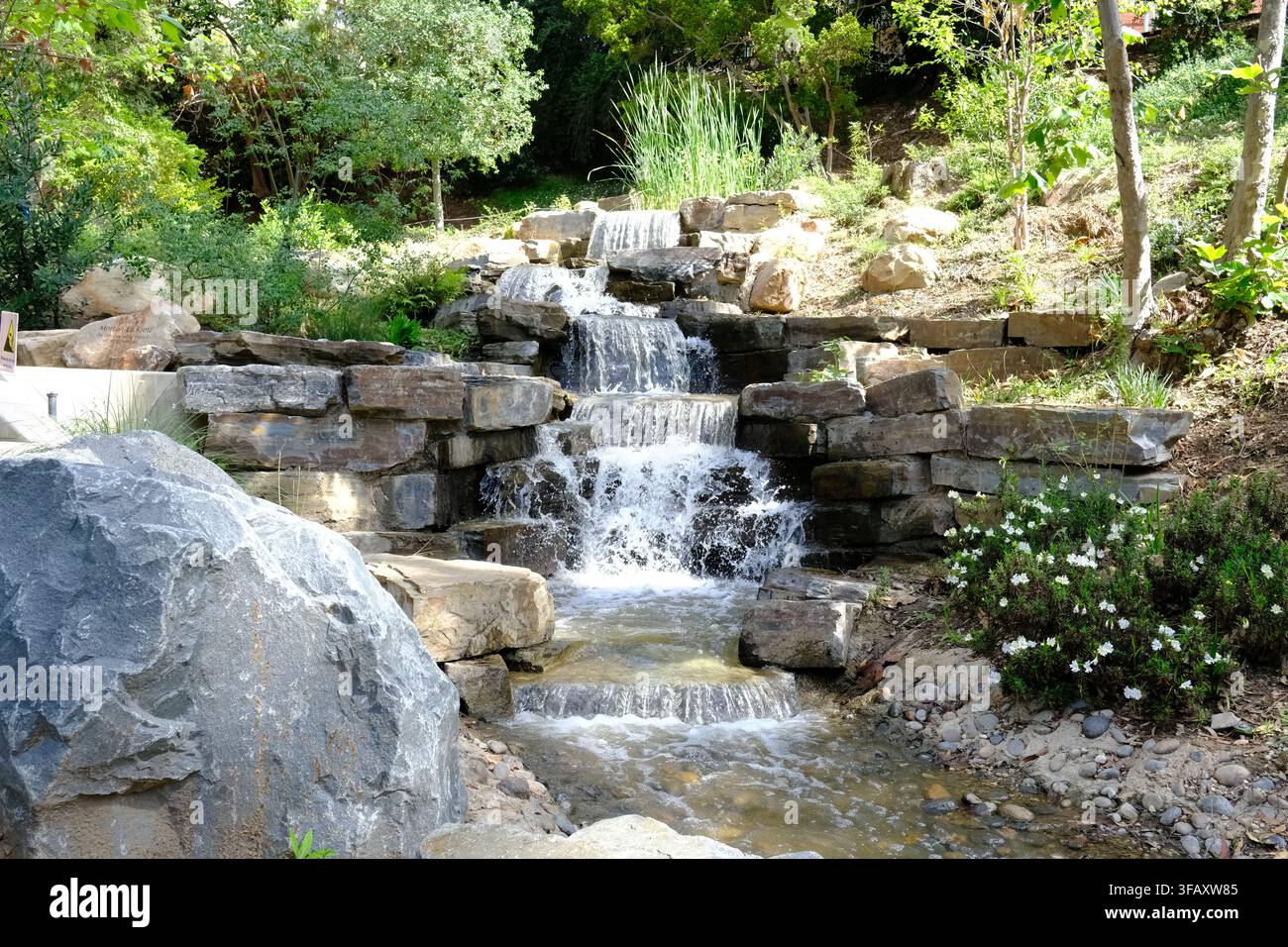 Ein kleiner gestalteter Wasserfall stürzt über Felsen durch eine üppige Gartenanlage. Stockfoto