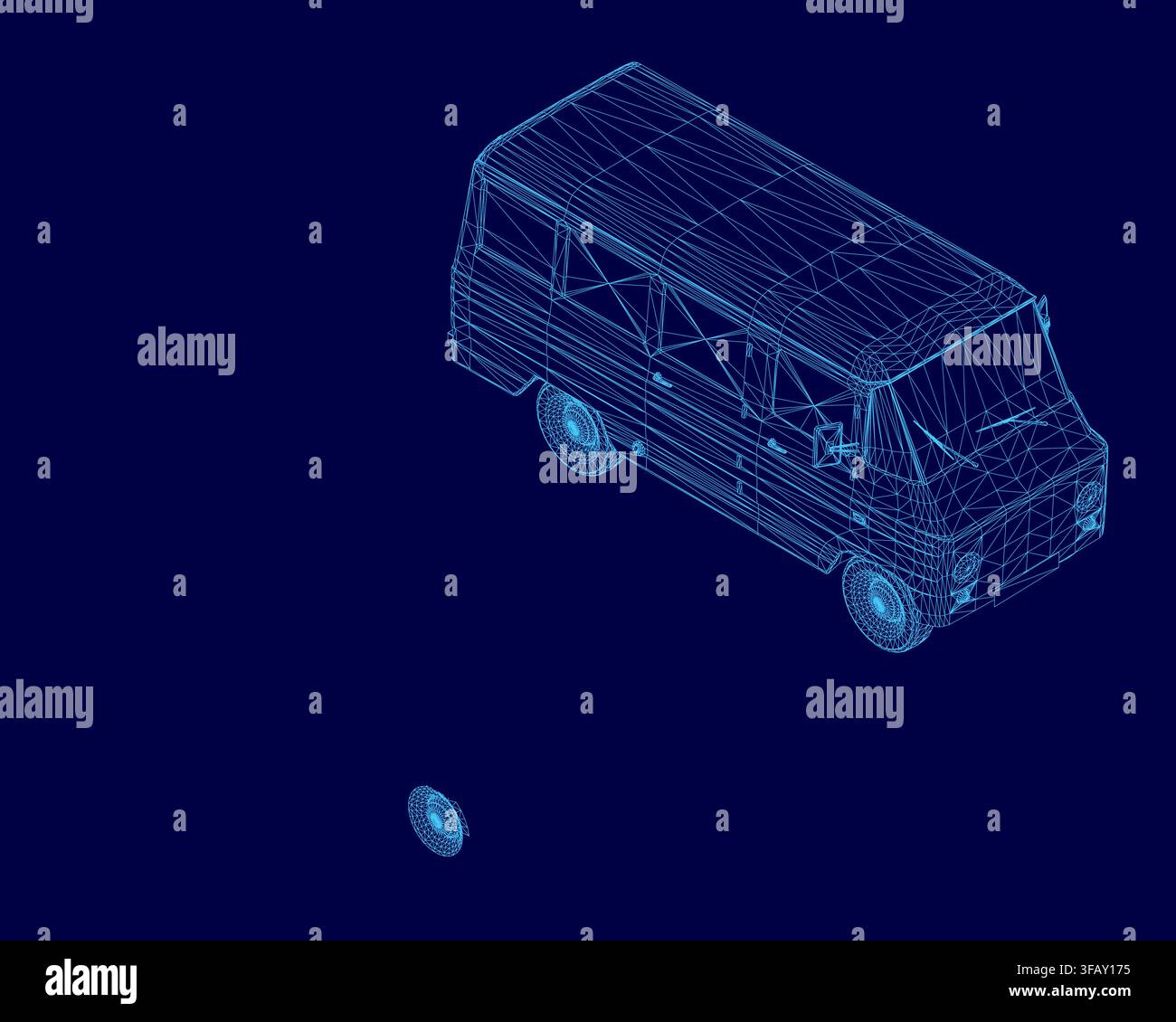 Zwei Low-Poly-Wireframe-Vans auf einem soliden blauen Hintergrund, Teil eines passenden Fahrzeug-Sets. Das geometrische Design zeichnet sich durch klare Kanten und einen modernen digitalen Stil aus Stock Vektor