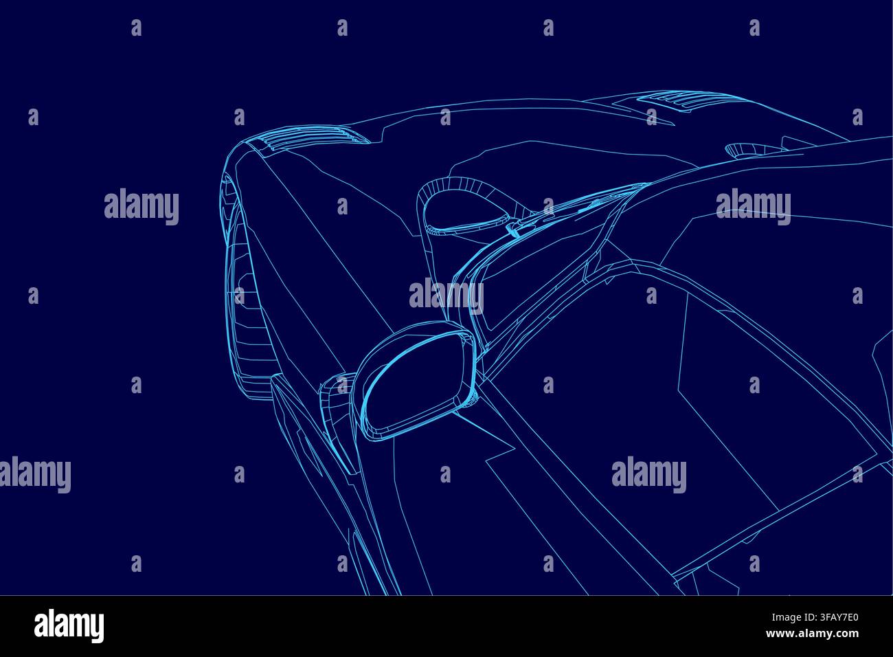 Sportwagen-Blaupause auf blauem Hintergrund zeigt seine aerodynamische Kontur und detailliertes Ingenieurdesign. Stock Vektor