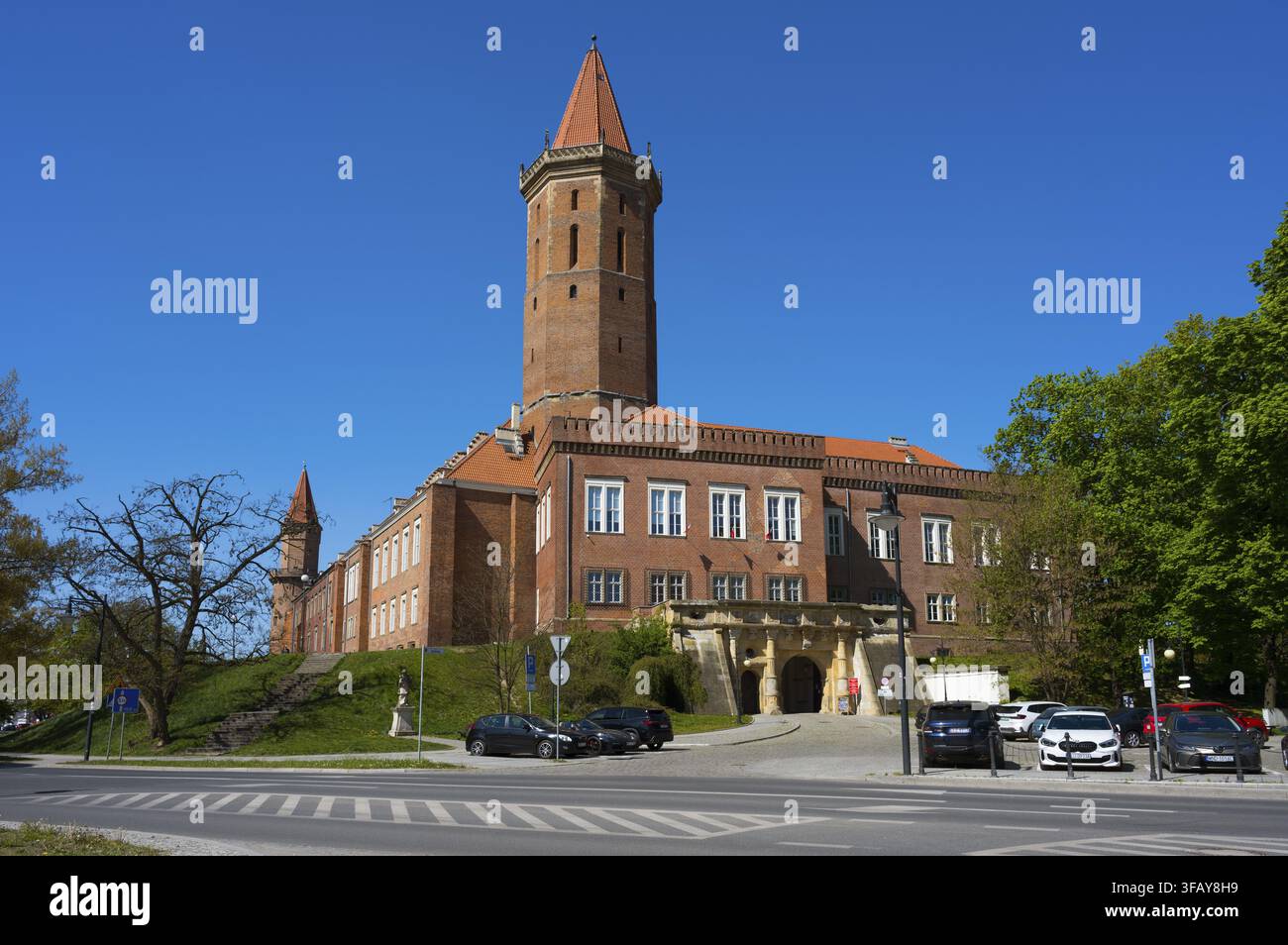 Historisches Schloss mit hohem Turm, umgeben von Autos und Bäumen unter einem strahlend blauen Himmel, Piast-Schloss, Legnica, Legnica, Woiwodschaft Niederschlesien, Polen Stockfoto