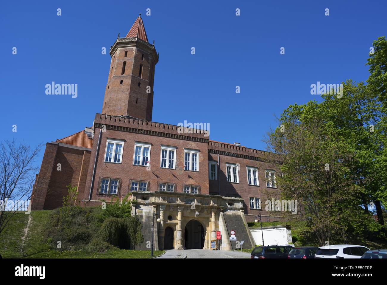 Historisches Backstein-Schloss mit Turm und Parkplatz, umgeben von Bäumen unter einem blauen Himmel, Piast-Schloss, Legnica, Liegnitz, Woiwodschaft Niederschlesien, P Stockfoto