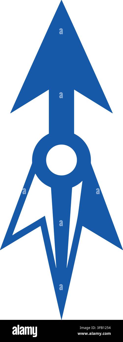 Stilisierte blaue Pfeilspitzen-Grafik mit geometrischen scharfen Kanten und zentralem kreisförmigem Ausschnitt für Kompass- oder Logo-Nutzung. Stock Vektor