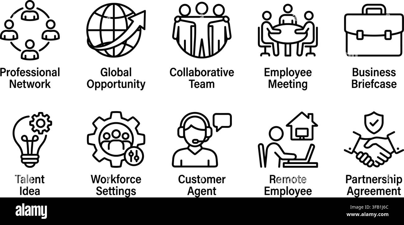 Corporate-Workflow- und Remote-Arbeits-Großpack mit Symbolen zur Veranschaulichung von Teamzusammenarbeit und Geschäftsnetzwerk. Stock Vektor