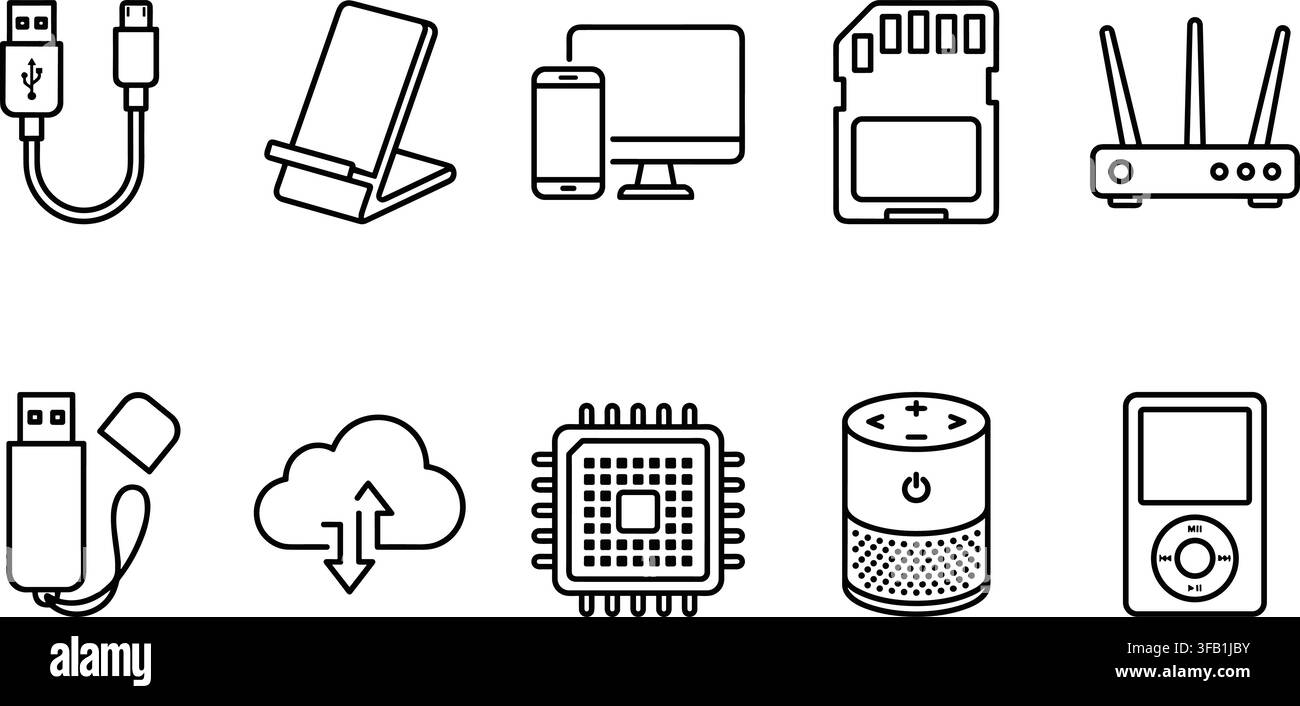 Hardware-Technologie- und elektronische Geräte-Linienicons-Set mit kabellosem Ladegerät, Kabelrouter und CPU. Stock Vektor