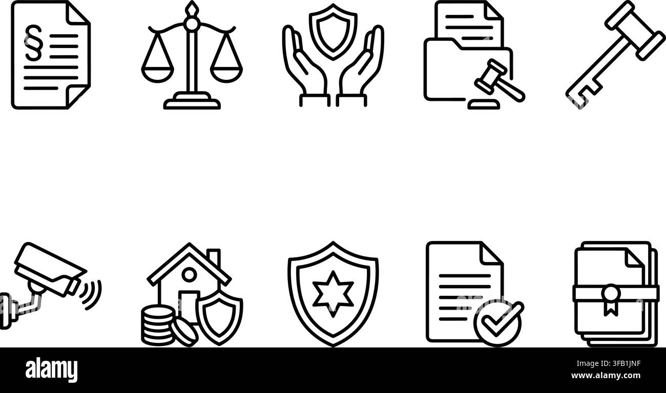 Linienicons-Set für Recht und Gerechtigkeit, das rechtliche Dokumente, Waage, Sicherheitsschild und Richterhammer als Elemente darstellt. Stock Vektor