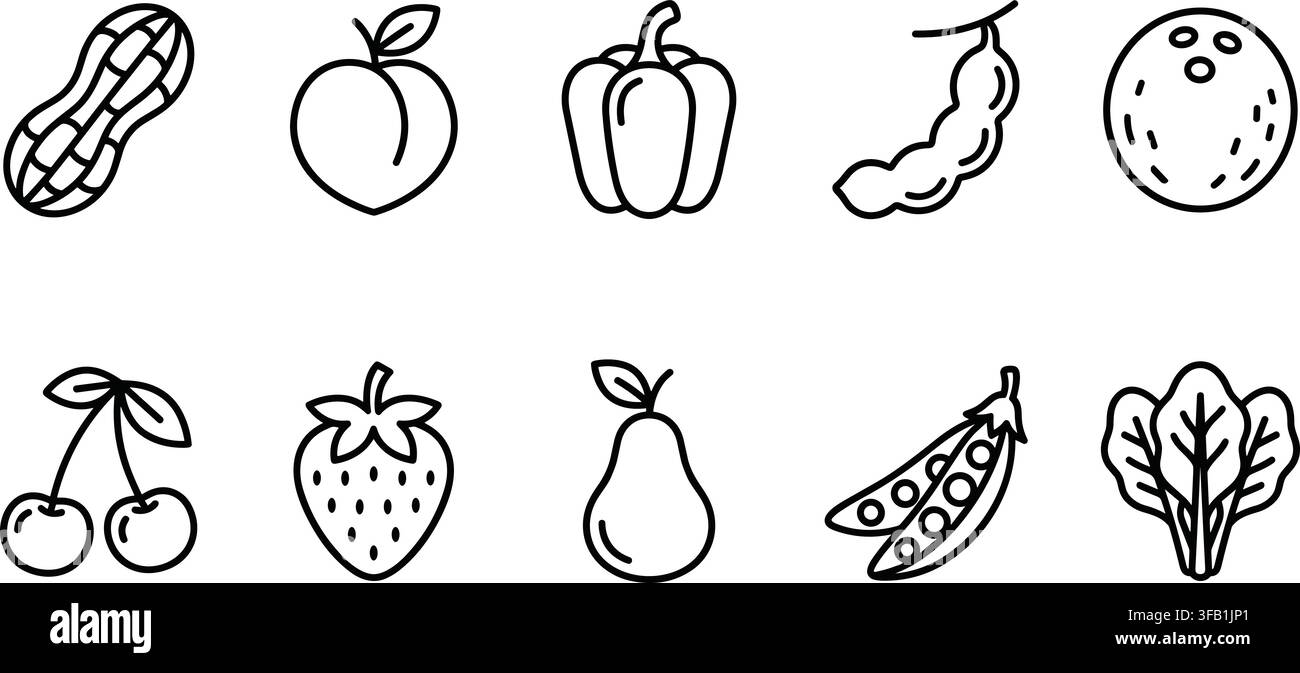 Frisches Bio-Obst- und Gemüse-Linien-Symbolset mit Erdnuss, Pfirsich, Paprika, Tamarinde, Kirsche, Erdbeere und Birne. Stock Vektor