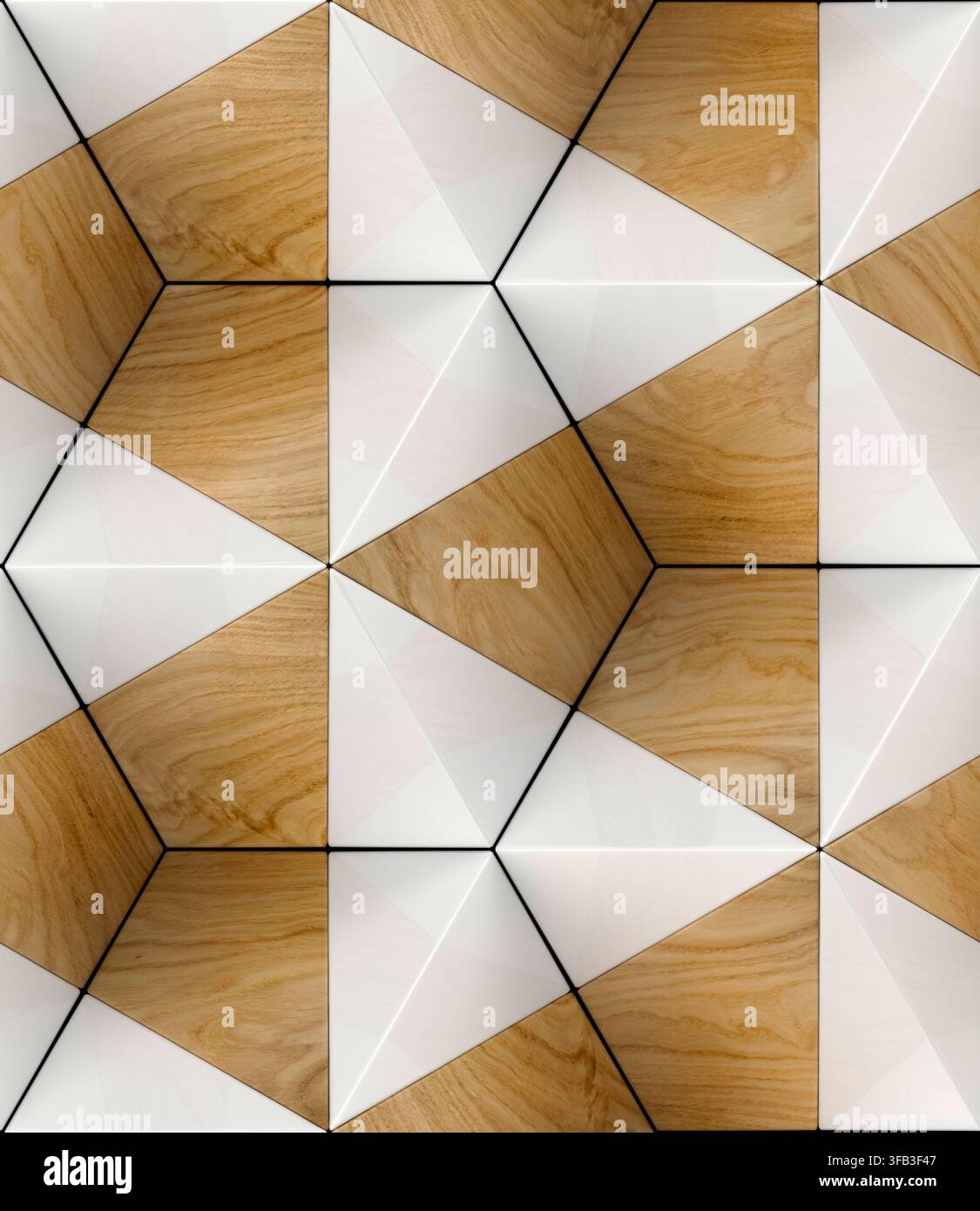 Abstraktes Wandpaneel mit Öko-Holz-Hexagonen, weißen geometrischen Facetten und Korkholz-inspirierten Elementen. Natürliche Maserung, kantige Linien und wiederholendes 3D Stockfoto