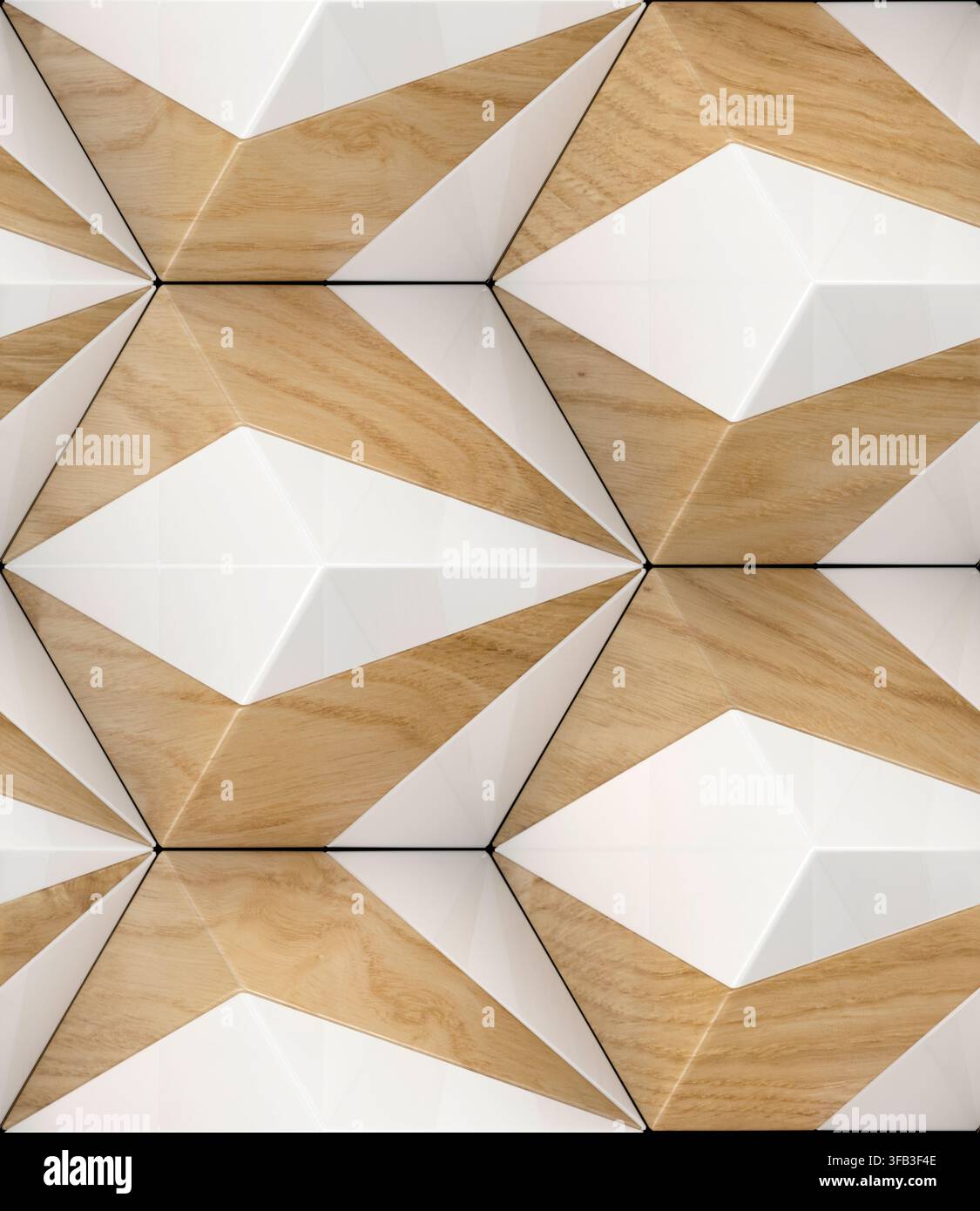 Nahaufnahme von geometrischen Eco-Holz-3D-Wandfliesen mit facettierten weißen Steinelementen, die ein abstraktes wiederholtes Muster aus warmer natürlicher Maserung und kantigen R bilden Stockfoto