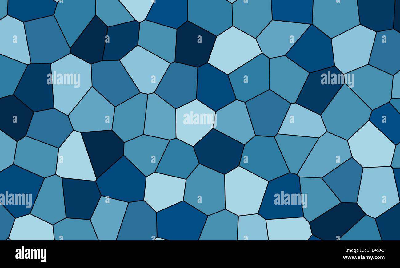 Flache Illustration eines nahtlosen blauen Mosaikmusters, das eine Voronoi-Polygon-Tessellation als Hintergrund- und Tapetendesign darstellt Stock Vektor