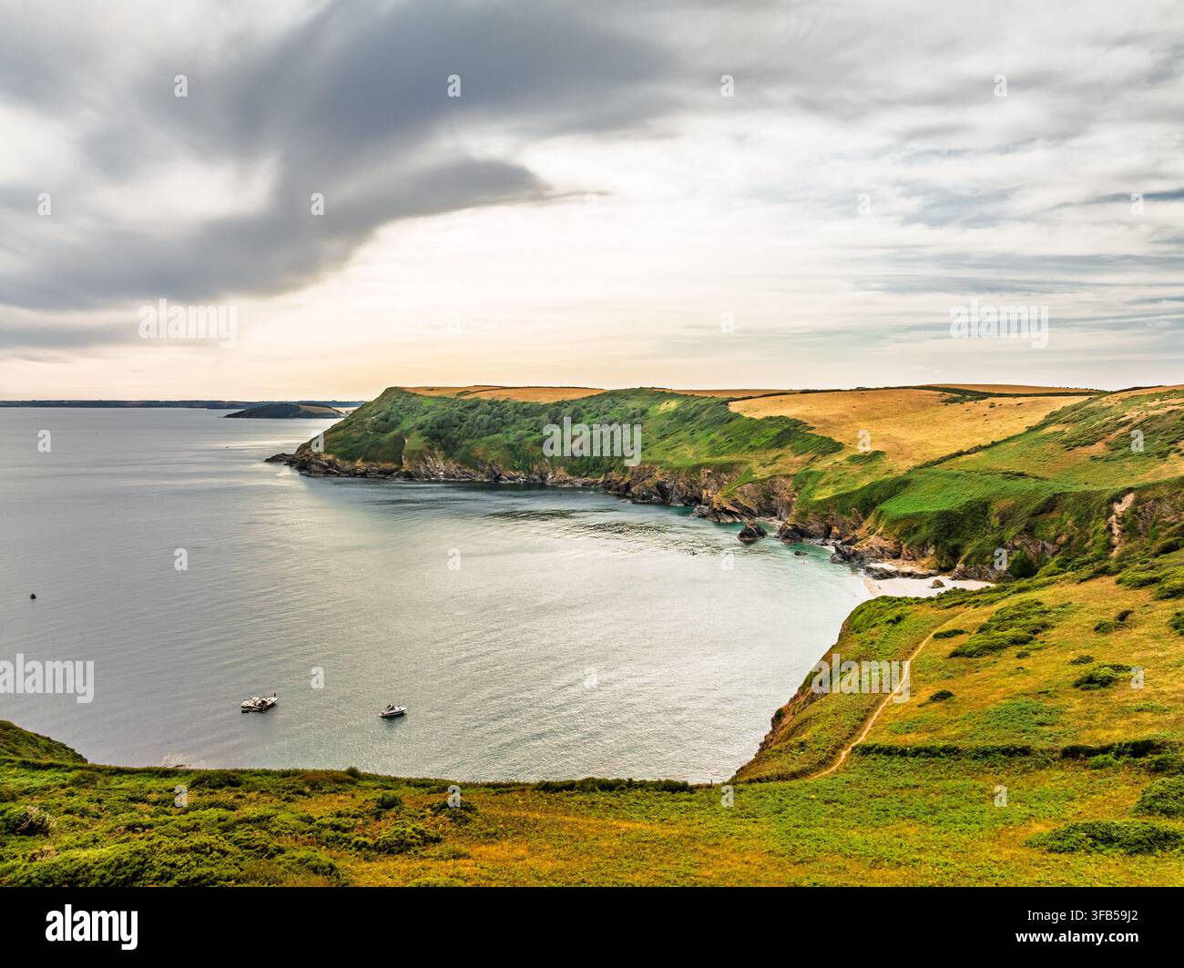 Cornwall-Klippen und Farmen aus der Drohne, Polruan, Cornwall, England Stockfoto
