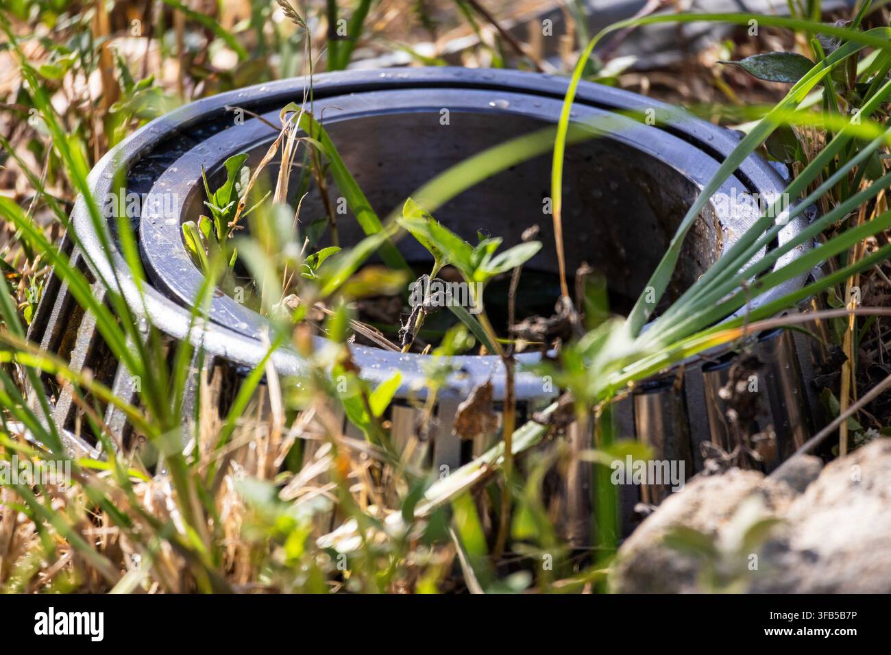 Schwerlast-kegelförmiges Wälzlager, verlassen im überwucherten Gras mit funkelnden Lichtflecken im Hintergrund Stockfoto