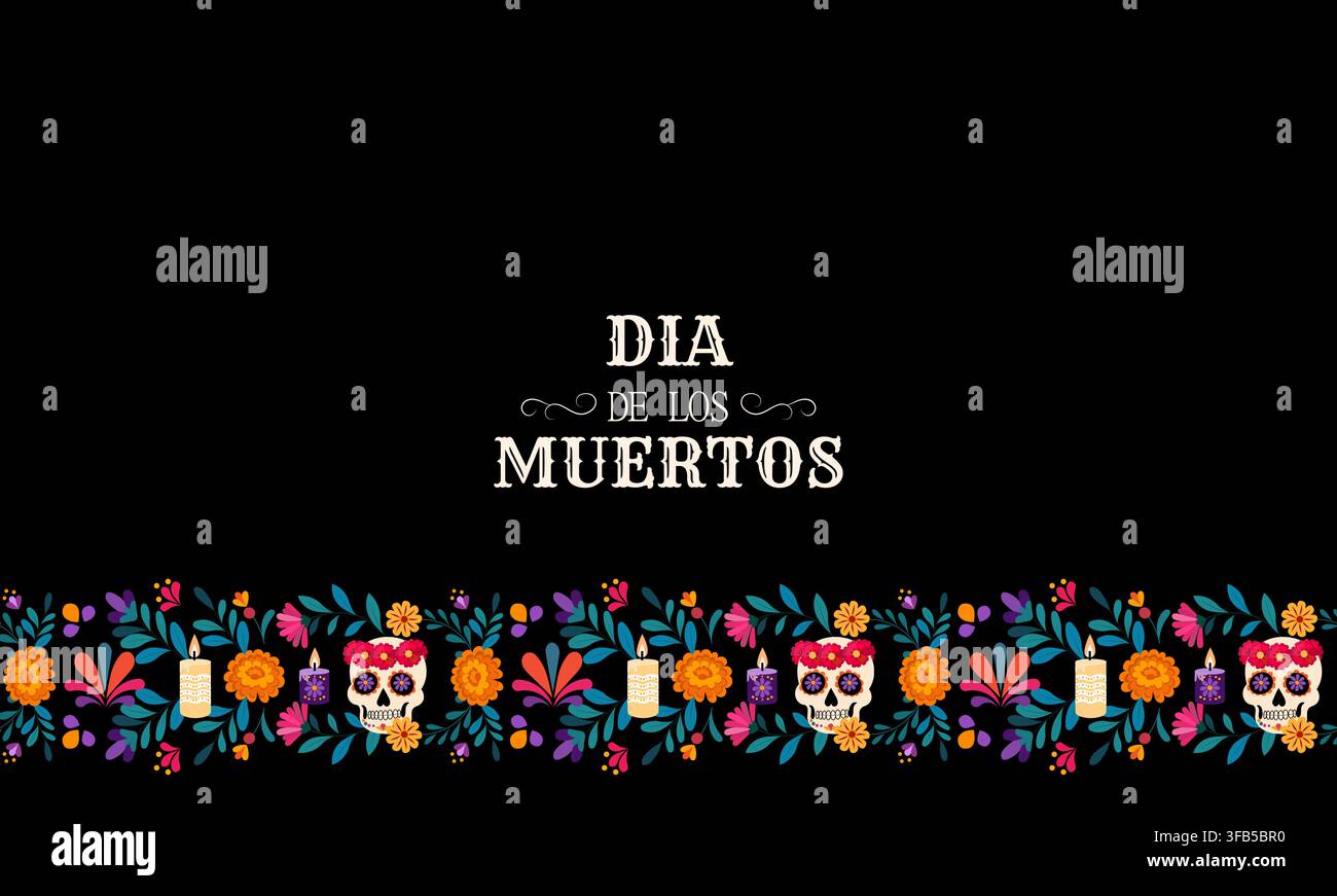 Feier von Dia de los Muertos: Eine farbenfrohe Hommage an Leben und Tod mit Zuckerschädeln und lebhaften Blumendekorationen Stock Vektor