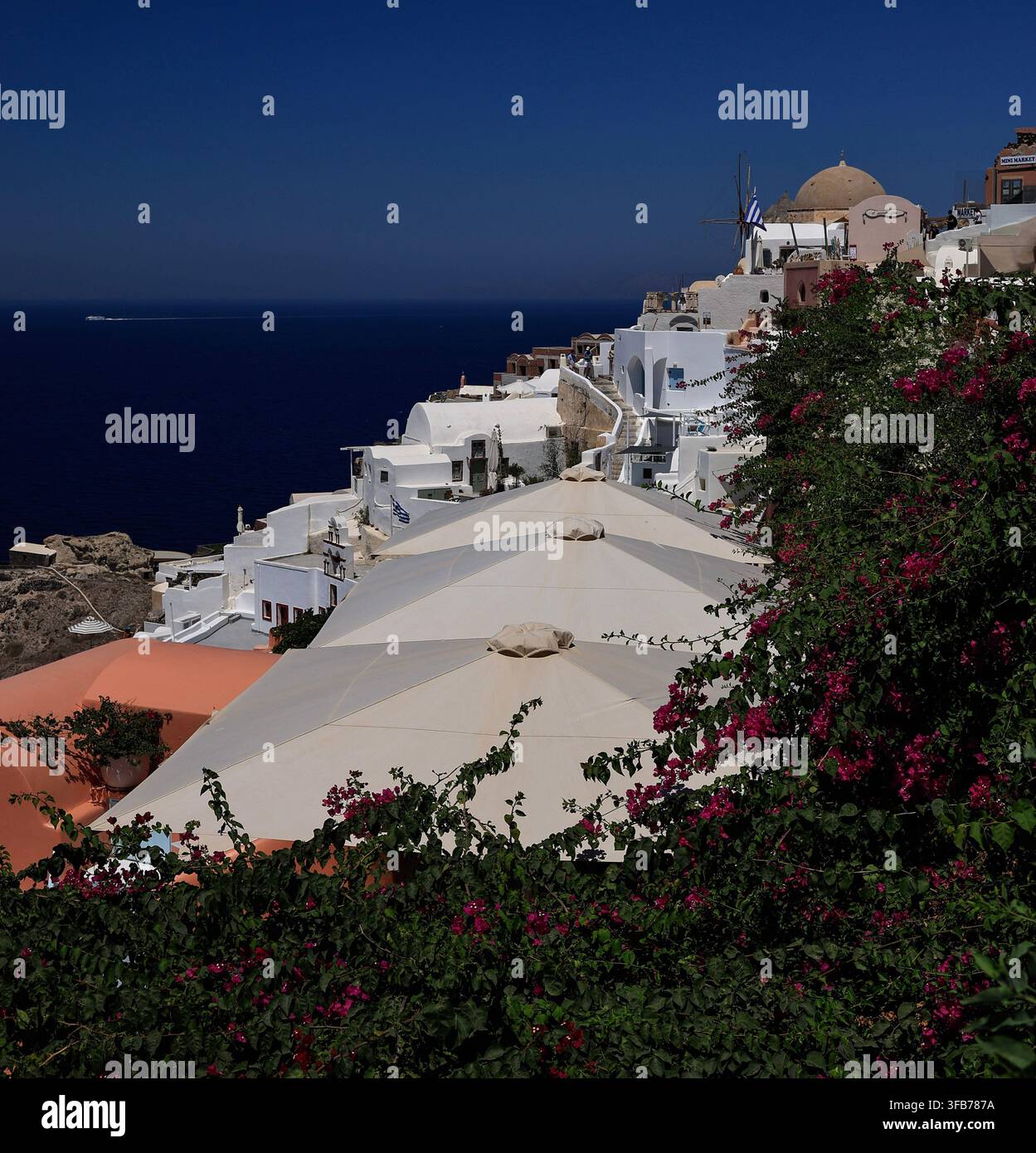 Bougainvillea-Blüten umrahmen eine Aussicht auf weiß getünchte Gebäude und Sonnenschirme mit Blick auf das Meer in Oia, Santorin, Griechenland. Stockfoto