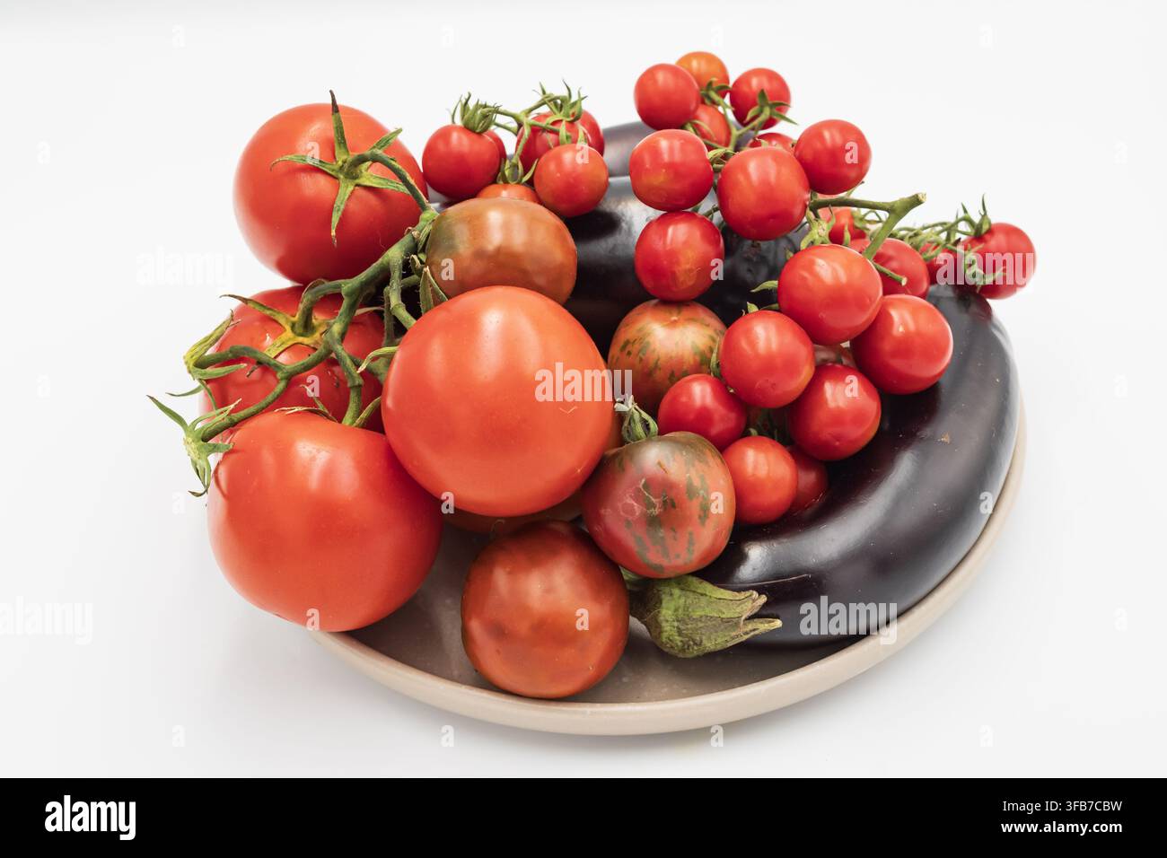 Verschiedene Sorten von Tomaten und mehrere Auberginen werden auf einem Teller präsentiert, der frisch geerntete saisonale Gemüsesorten aus einem Hausgarten zeigt. Stockfoto