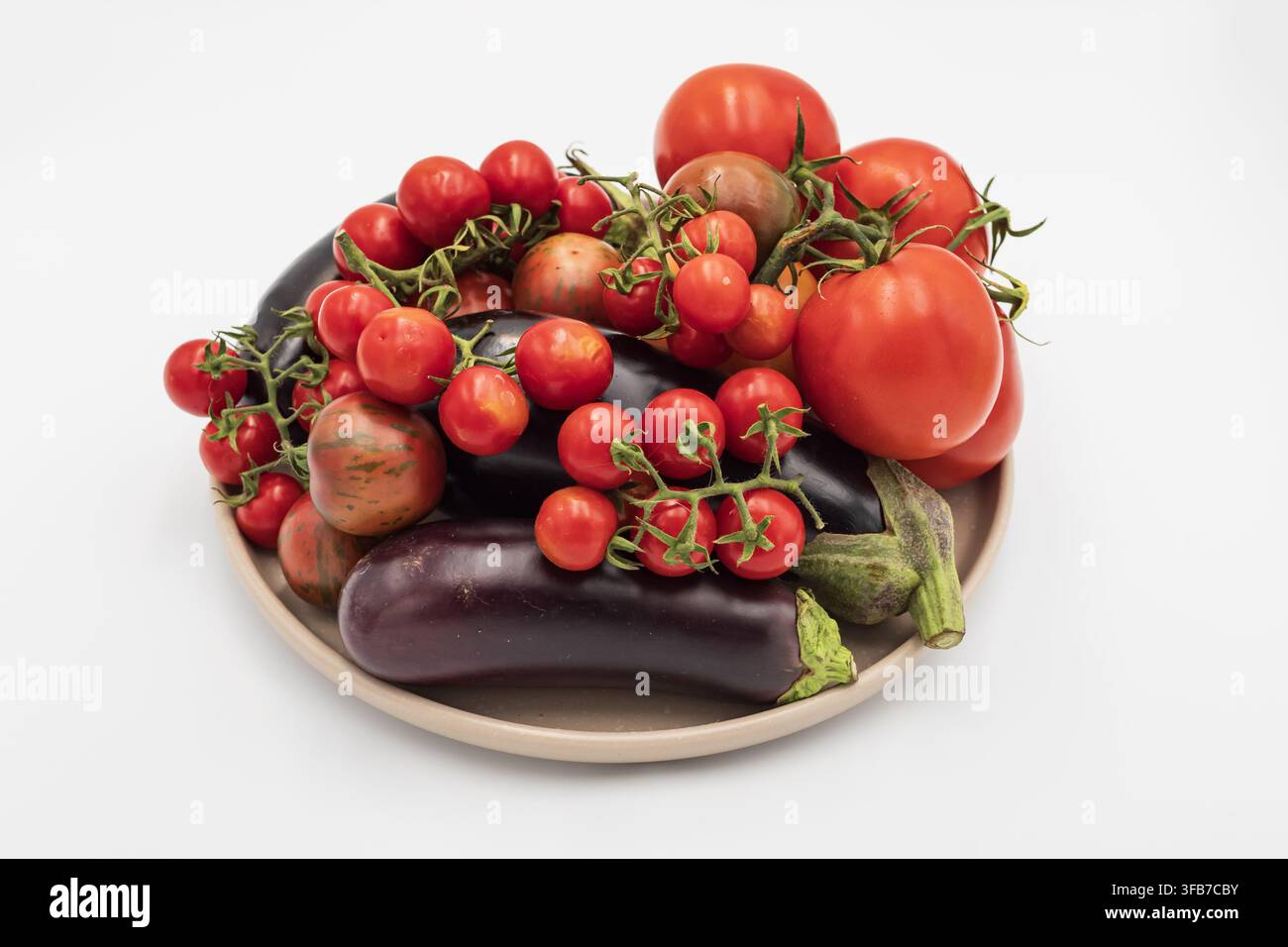Verschiedene Sorten von Tomaten und mehrere Auberginen werden auf einem Teller präsentiert, der frisch geerntete saisonale Gemüsesorten aus einem Hausgarten zeigt. Stockfoto