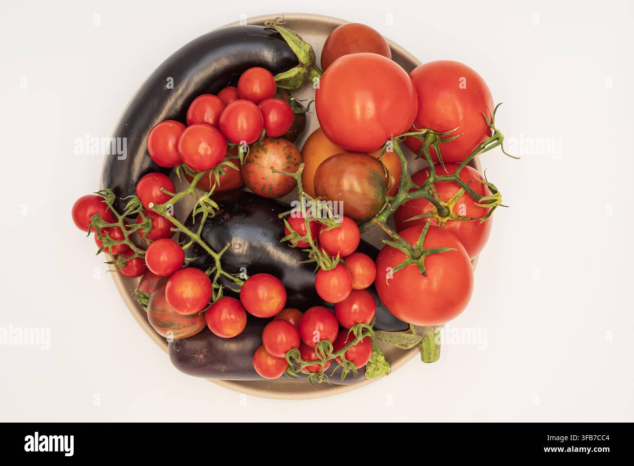 Verschiedene Sorten von Tomaten und mehrere Auberginen werden auf einem Teller präsentiert, der frisch geerntete saisonale Gemüsesorten aus einem Hausgarten zeigt. Stockfoto
