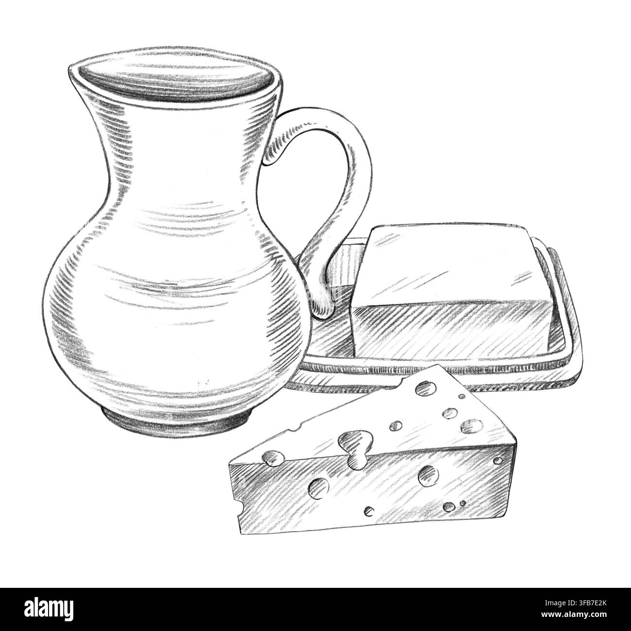 Gug, Butter und Käse. Handgefertigte Bauernhof-Bleistiftillustrationen. Für das Design von Karten, Covern, Drucken, Produktetiketten und Stoffen. Stockfoto