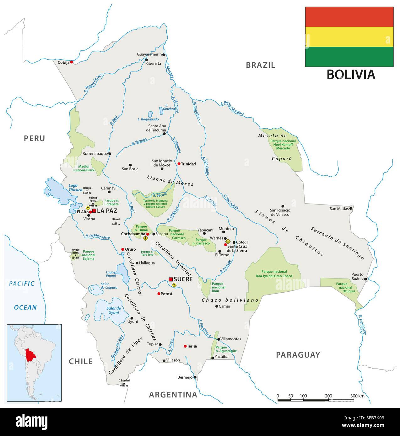Karte des landlockeden südamerikanischen Landes Bolivien Stockfoto