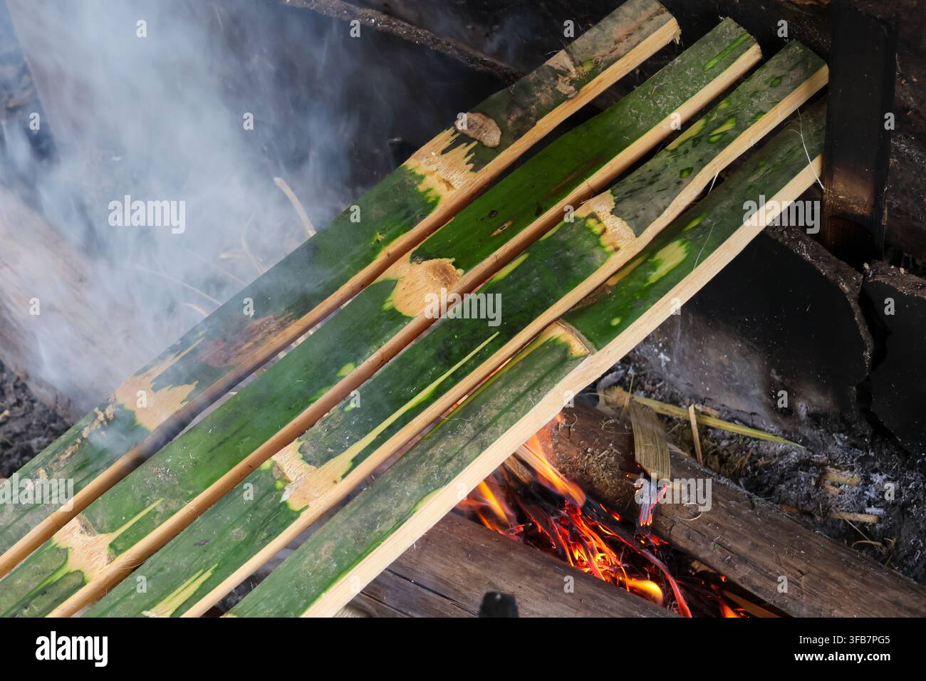 Ein geräuchertes Bambusschoss, das über offenem Feuer mit Rauch und glühenden Kohlen in einer Außeneinrichtung kocht Stockfoto