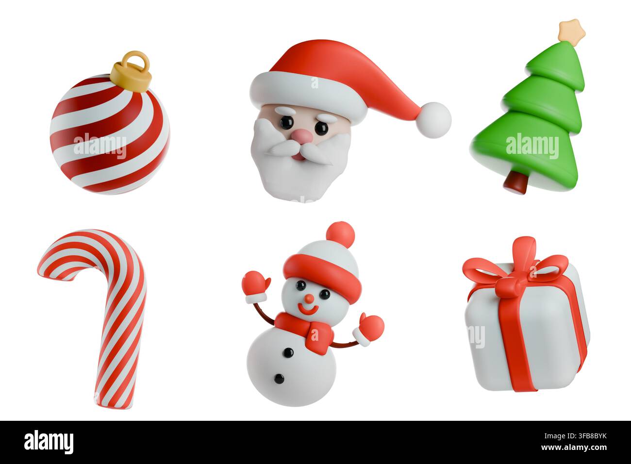3D-Rendering eines Weihnachts- und Neujahrs-Symbolsets im Claymorphic-Stil, isoliert auf weißem Hintergrund. Winterurlaub-Plastilin-Asset-Bündel mit Weihnachtsmann Cla Stockfoto