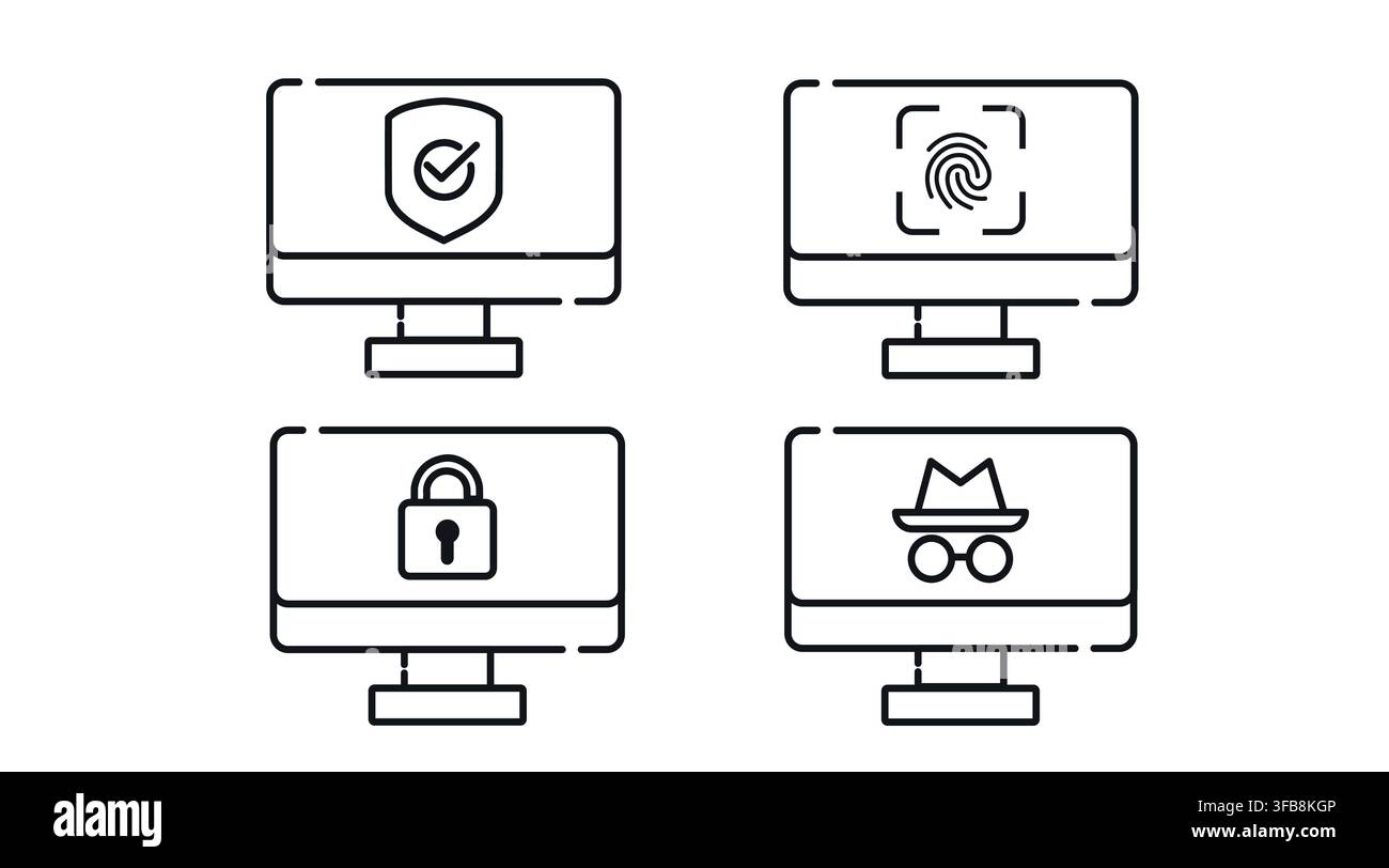 Cyber-Sicherheit und digitale Privatsphäre Computermonitoren Vektor-Icons-Set. Schwarzer Linienstil auf weißem Hintergrund. Stock Vektor
