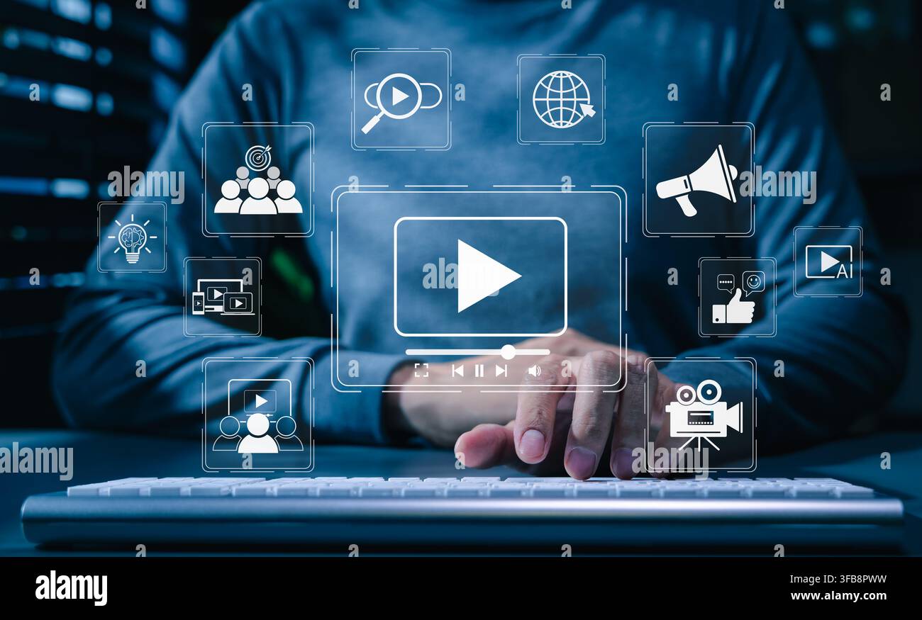 Video-Marketing-Konzept. generative KI-Inhaltscreation, Medien-Icons für digitale Inhaltsstrategie, Online-Werbung, Zielgruppenbindung, sozial Stockfoto