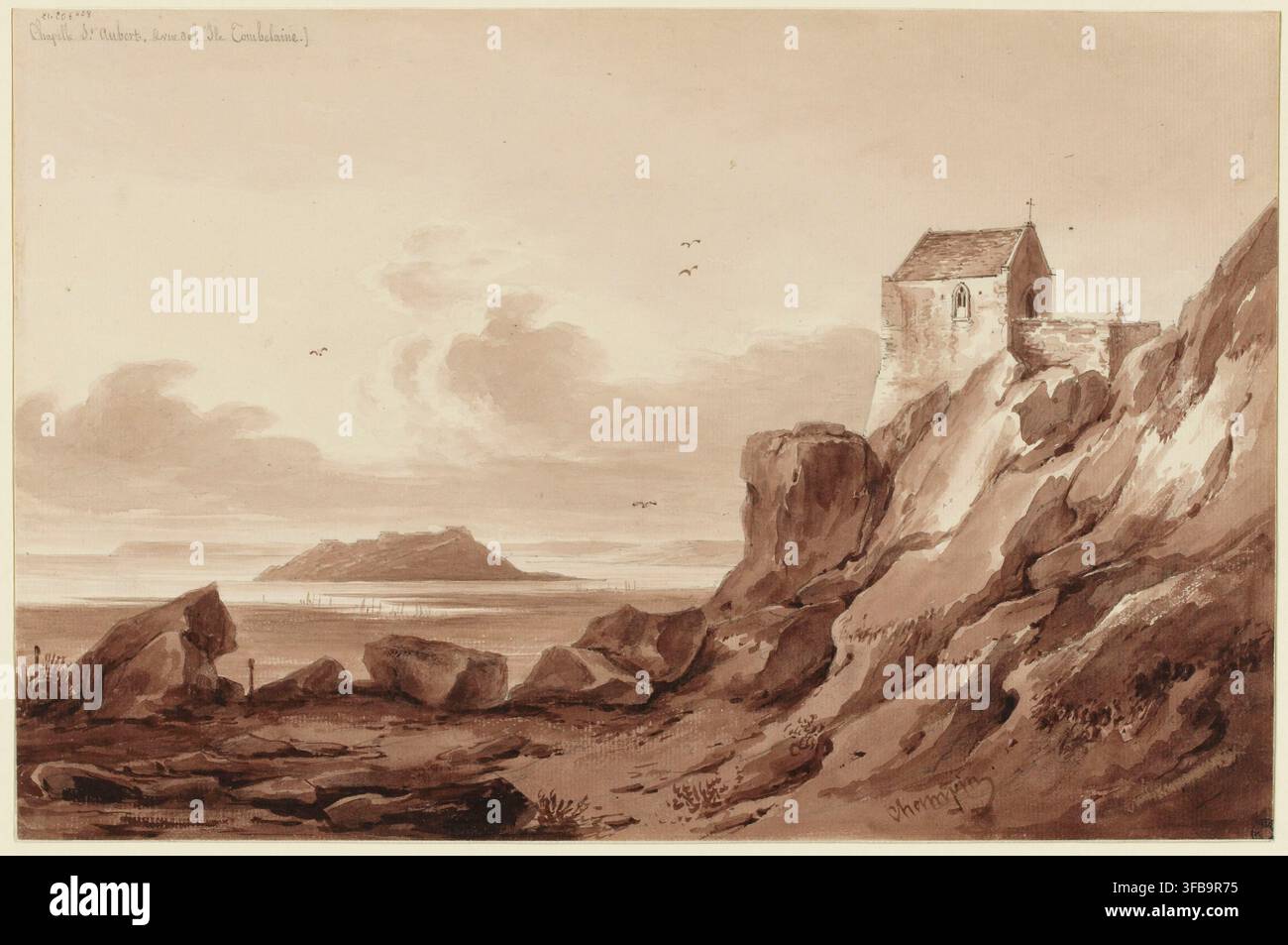 Eine Zeichnung der Chapelle St Aubert, die auf einem Felsvorsprung mit Blick auf das Meer liegt, mit Blick auf Tombelaine, eine Insel in der Nähe von Mont-Saint-Michel, von Jean-Jacques Champin, einem Archivar des 19.-20. Jahrhunderts. Stockfoto