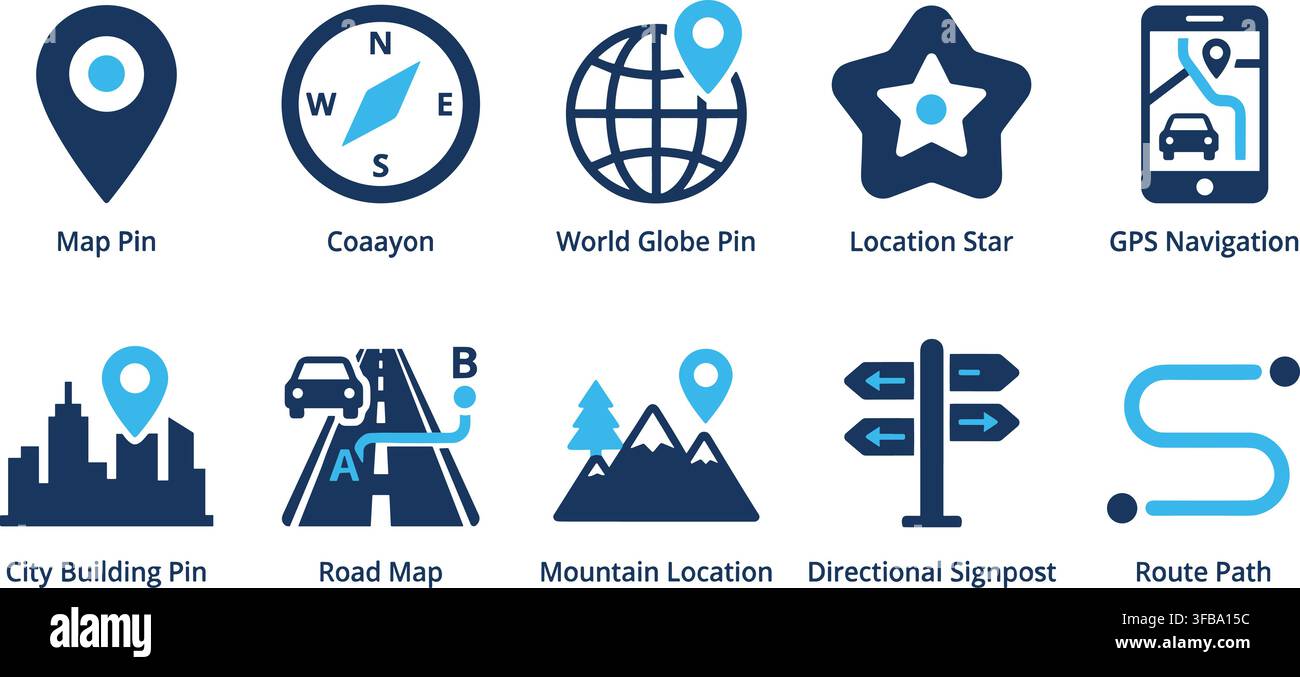 GPS-Navigation und Geografie-Symbole mit Weltkugel-Pins, Kompass und Stadtgebäude-Standortmarkierungen. Stock Vektor